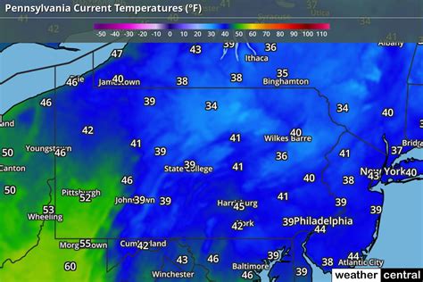Current weather. -7°C / 19°F. (clear sky) Wind. 15 mph. Humidity. 59%. The measurements for the water temperature in Philadelphia, Pennsylvania are provided by the daily satellite readings provided by the NOAA. The temperatures given are the sea surface temperature (SST) which is most relevant to recreational users.